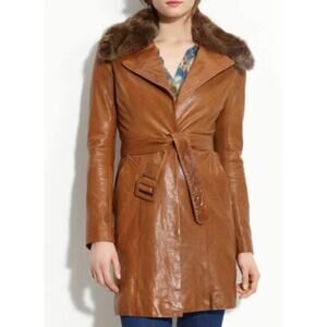 June Genuine Leather Removable Fur Trim Collar Belted Trench Coat Jacket Sz S